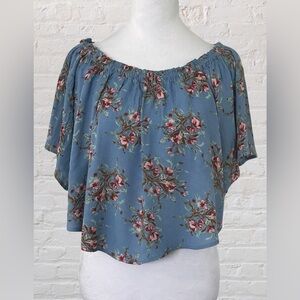 En Creme Blue Floral Ruffle On Or Off Shoulder Crop Top Sz M Bohemian Country